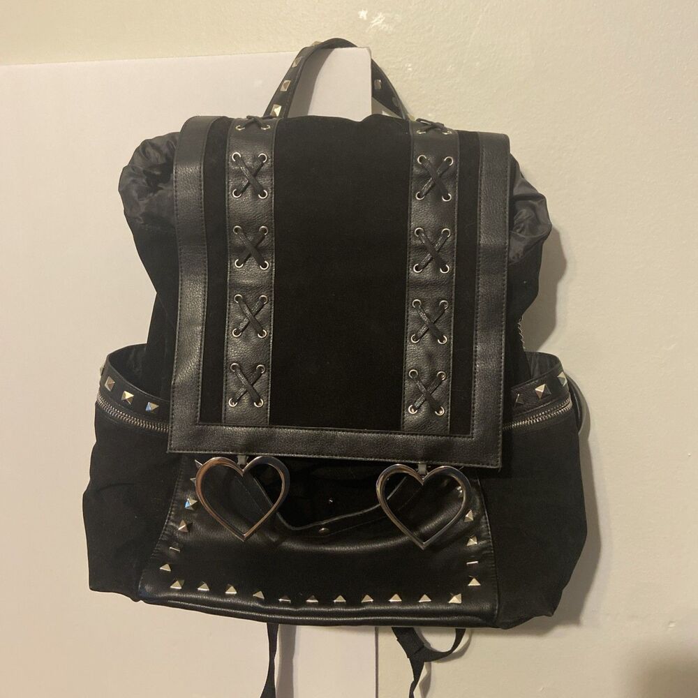 Black Studded Heart Accent Gothic Women's Rucksack Backpack Cross Stitch Detail